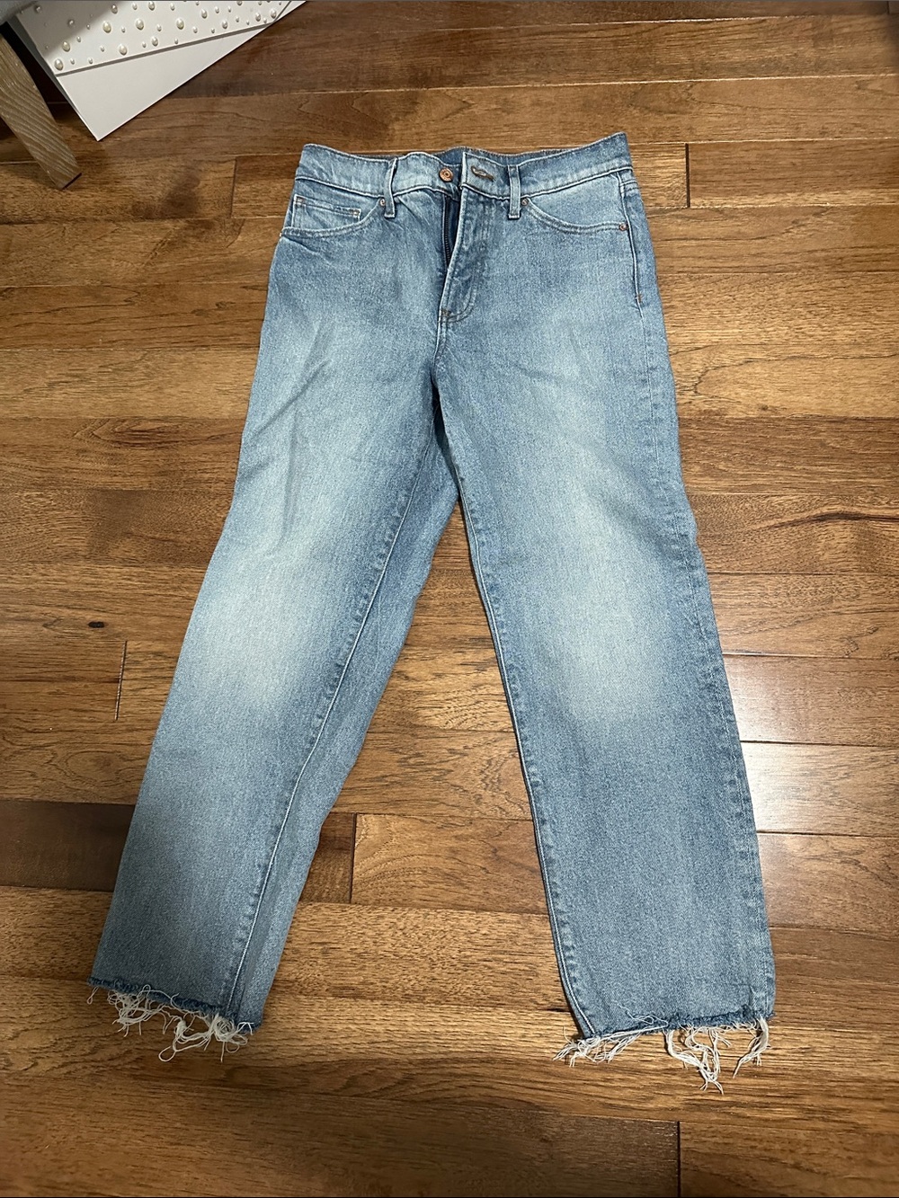 Express Light Blue Straight-Leg Jeans - Distressed Hem | A17